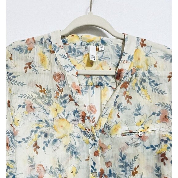 Kut from the Kloth Blouse Womens Large Sheer Ivory Floral Roll Tab Sleeve Boho - Picture 3 of 9